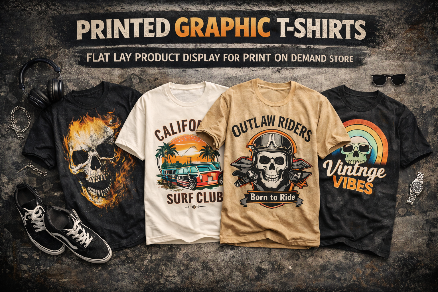 printed graphic t-shirt flat lay product display for print on demand store